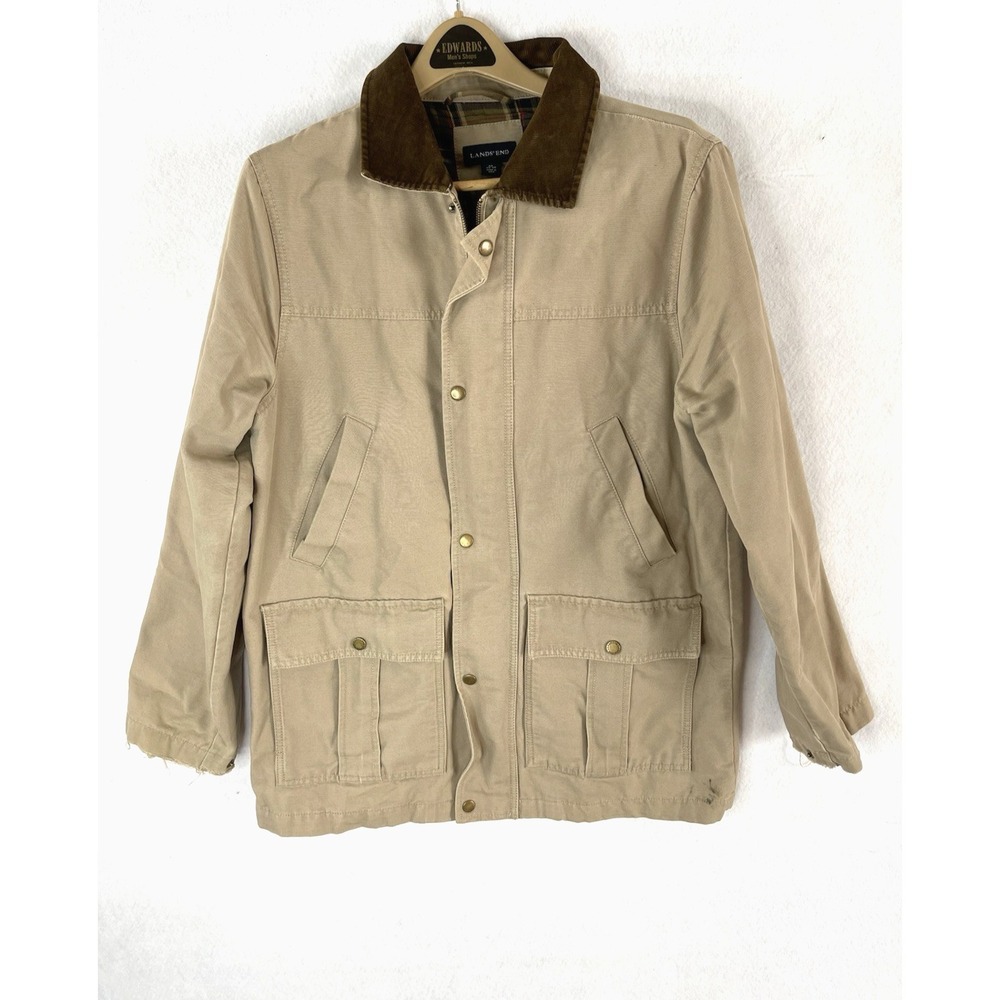 Vtg Lands End Chore Coat Mens Medium Field Barn Coat Plaid Lined 100% Cotton Tan